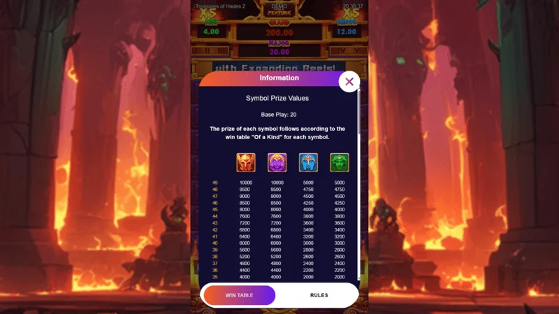 Treasures of Hades 2 — Tábla pá agus siombailí sliotán Rectangle Games le RTP 96.95%